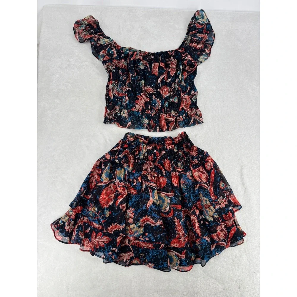 Express 2 Piece Set Womens S/XS Navy Floral Smocked Crop Top Tiered Skirt Boho‎